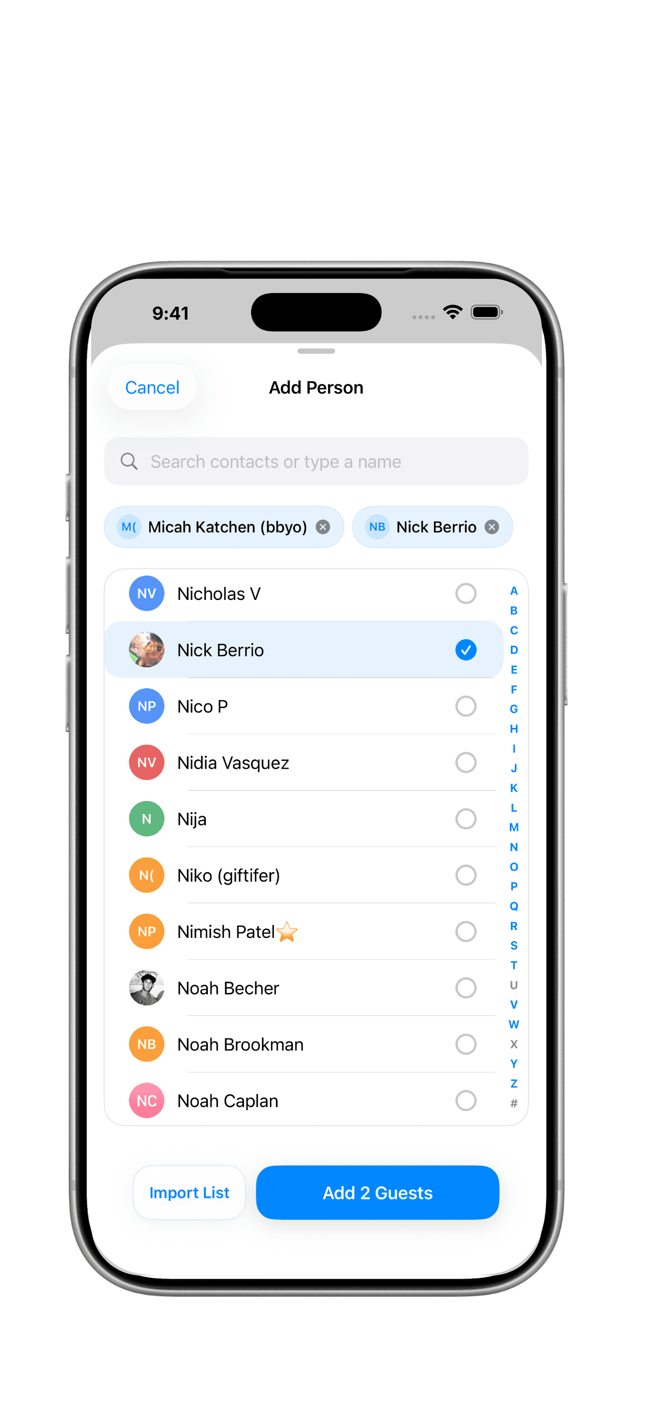 Add guests from contacts or a guest list
