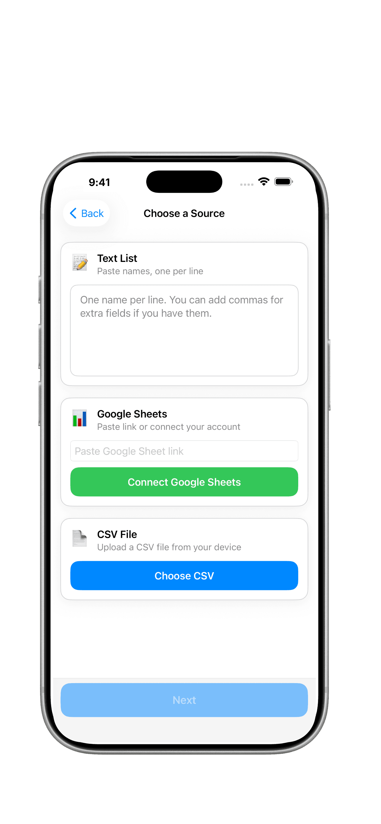Import names from a text list, Google Sheets, or CSV