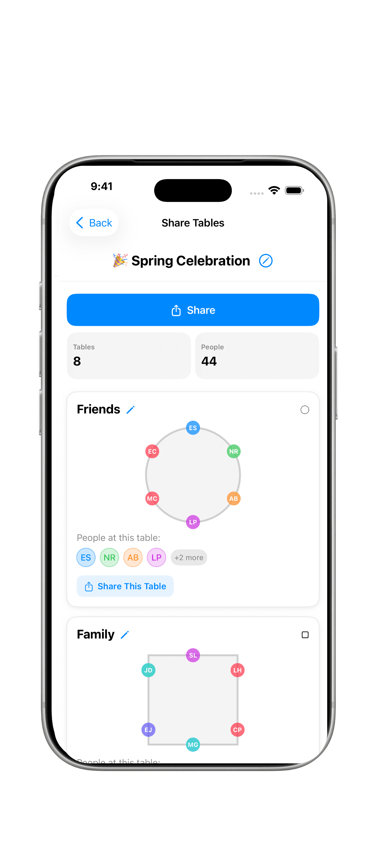 Share tables with your venue and helpers