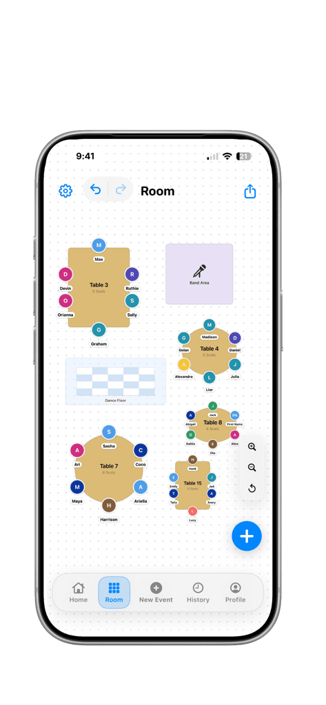 Seat Maker room layout with tables and guests