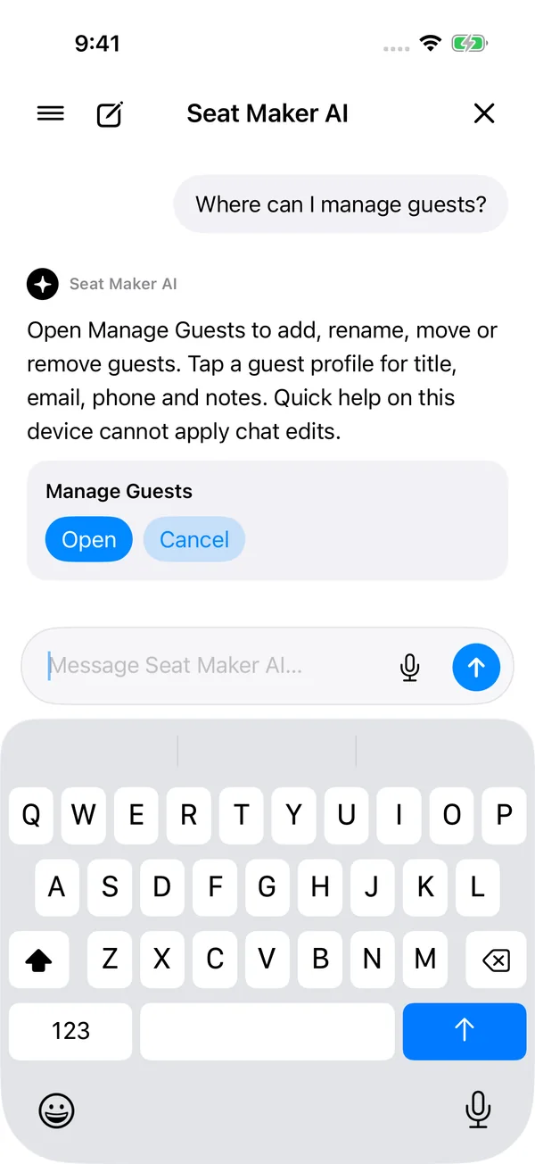 Seat Maker app: Seat Maker Assistant and chat history