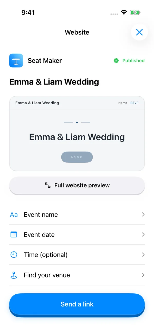Seat Maker app: Personal wedding and event websites