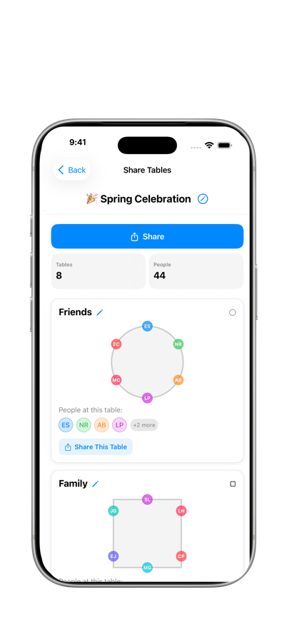 Seat Maker seating chart app screenshot: Share and export