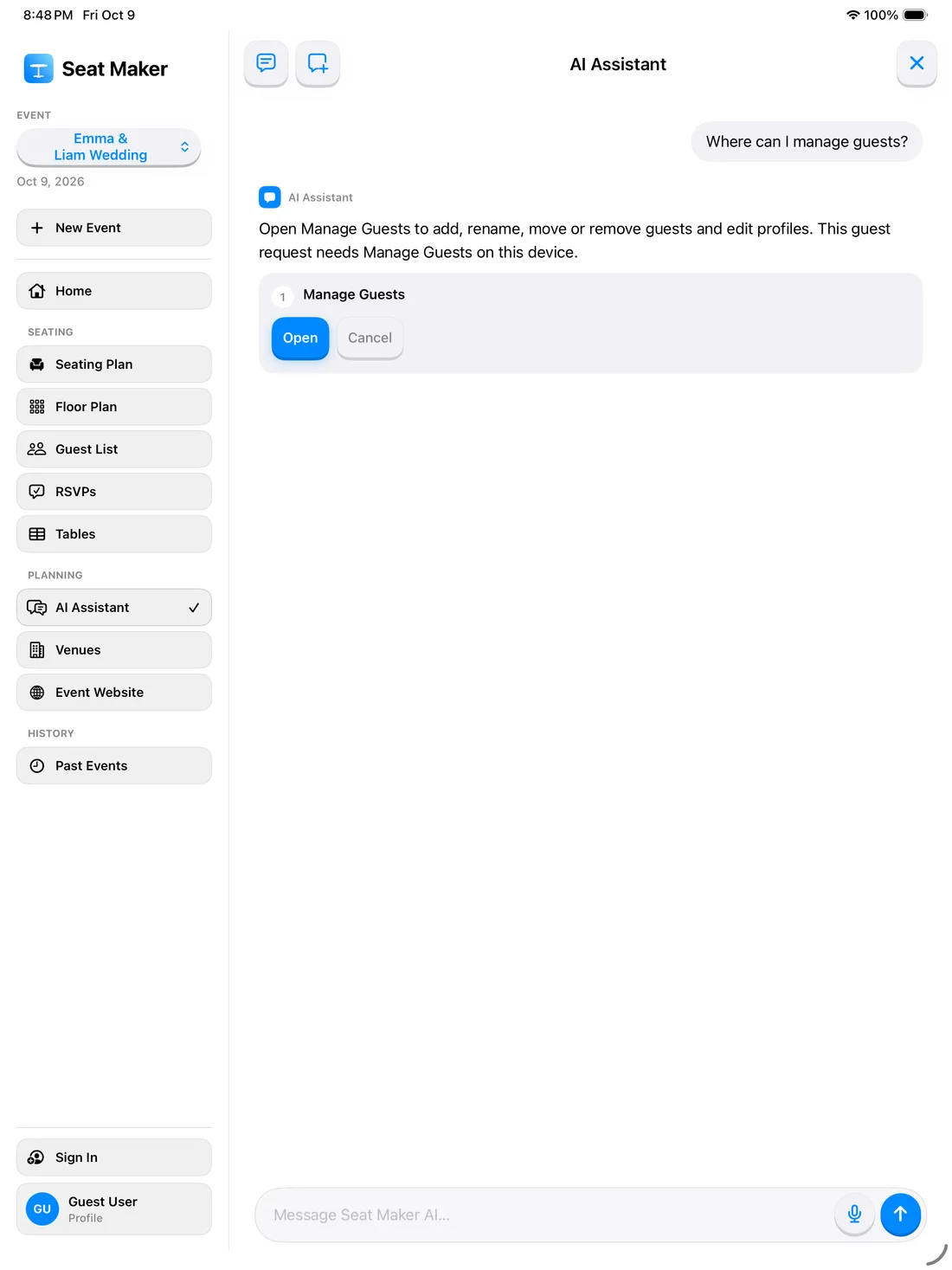 Seat Maker Assistant and chat history on iPad