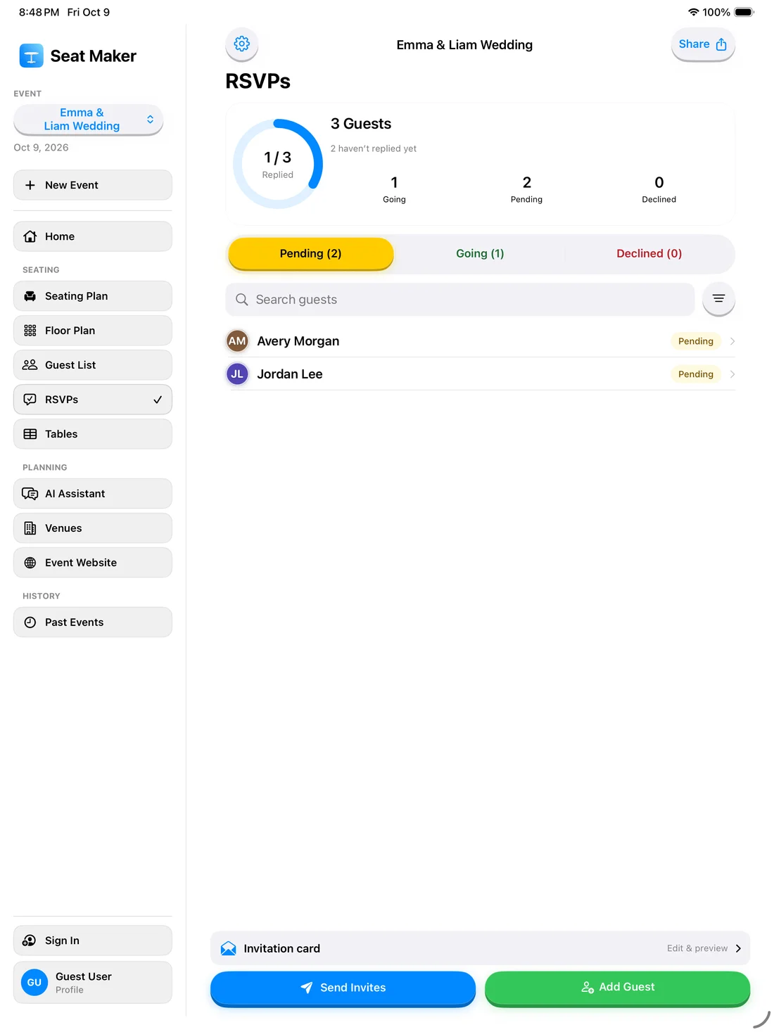 Online RSVPs and guest responses on iPad