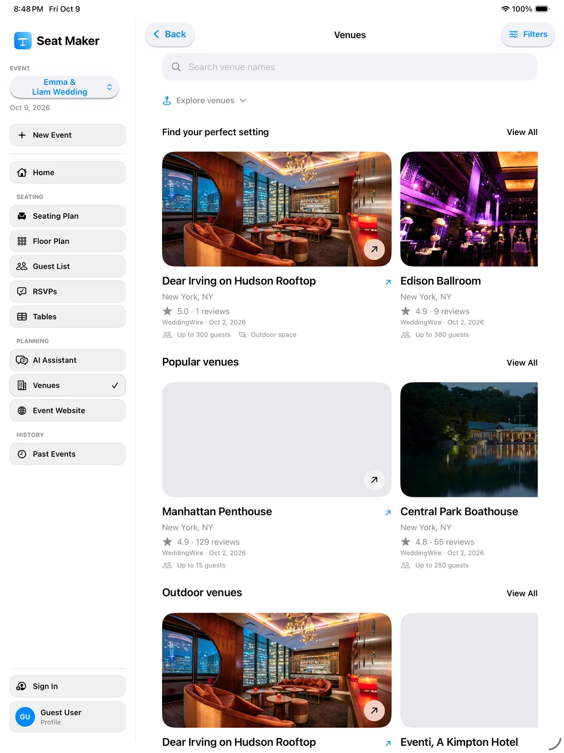 Wedding and event venue discovery on iPad