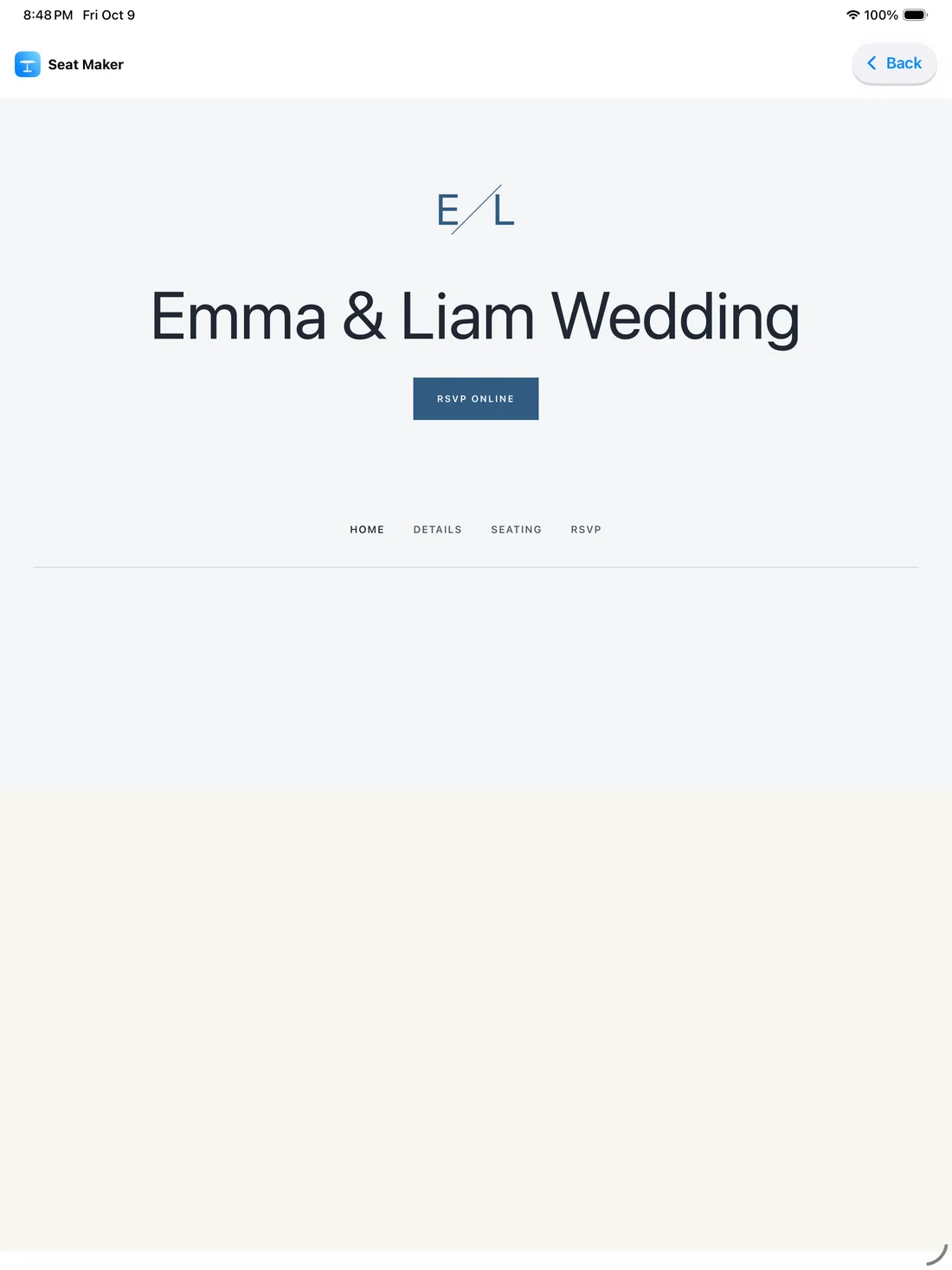 Personal wedding and event websites on iPad