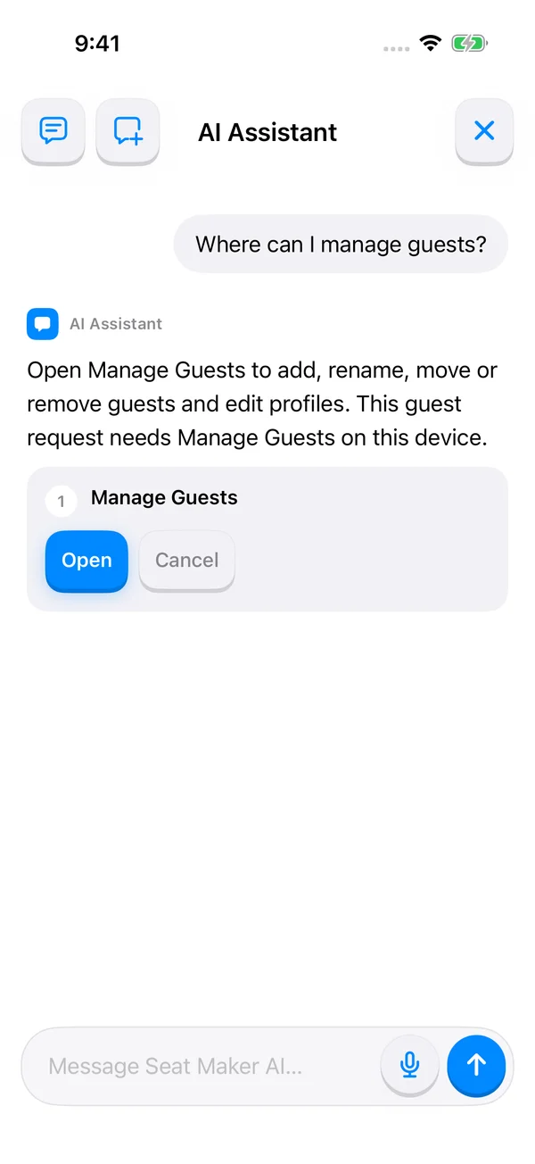 Seat Maker seating chart app screenshot: Seat Maker Assistant and chat history