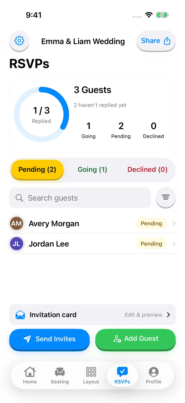 Seat Maker seating chart app screenshot: Online RSVPs and guest responses
