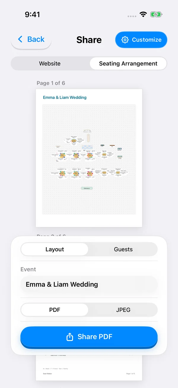 Seat Maker seating chart app screenshot: Share and export