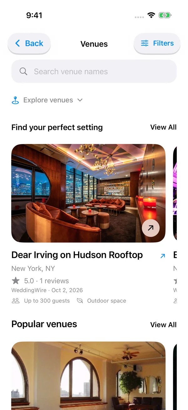 Seat Maker seating chart app screenshot: Wedding and event venue discovery