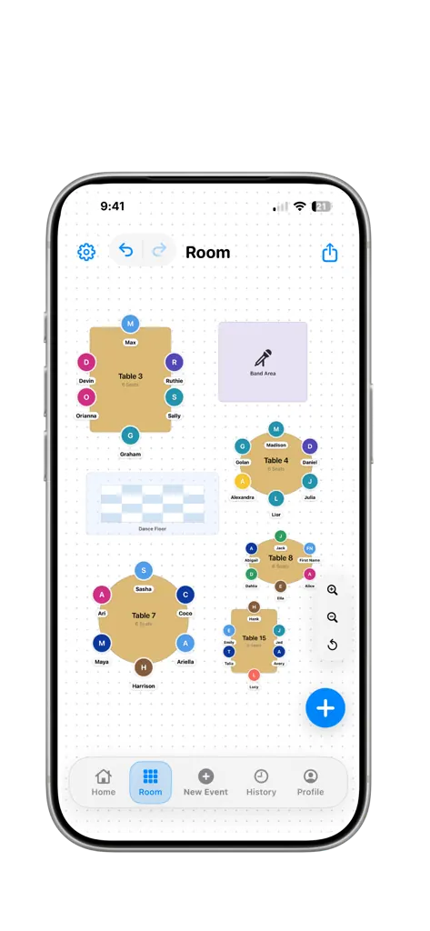 Seat Maker room layout with tables and guests